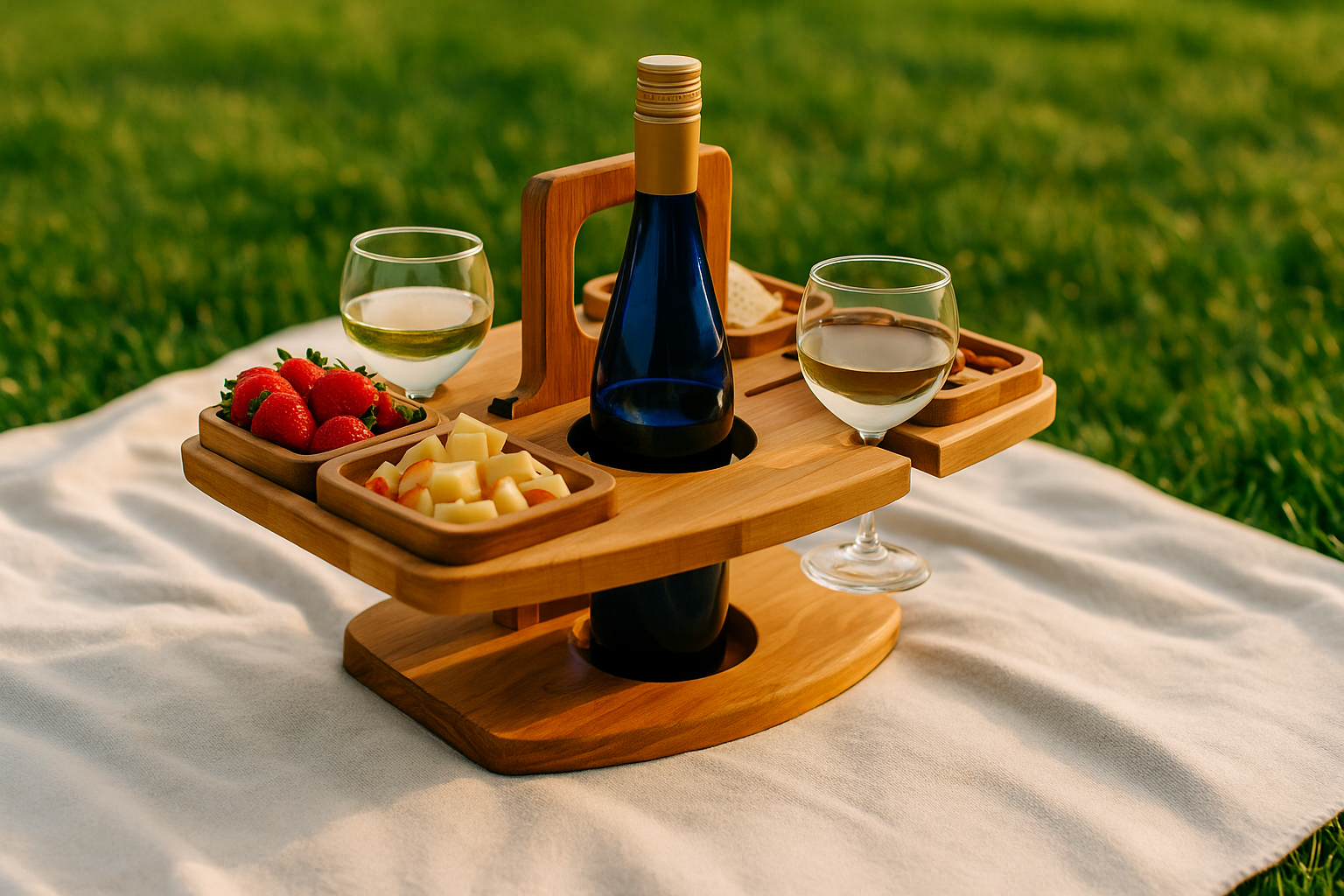 PLATEAU PIQUE-NIQUE BOIS  | Porte-Bouteille & Verres | Wine Picnic Tray