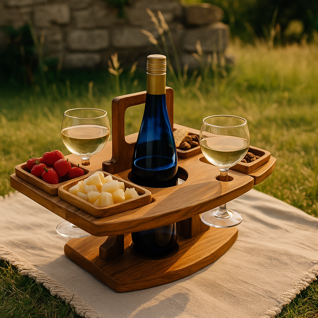 PLATEAU PIQUE-NIQUE BOIS  | Porte-Bouteille & Verres | Wine Picnic Tray