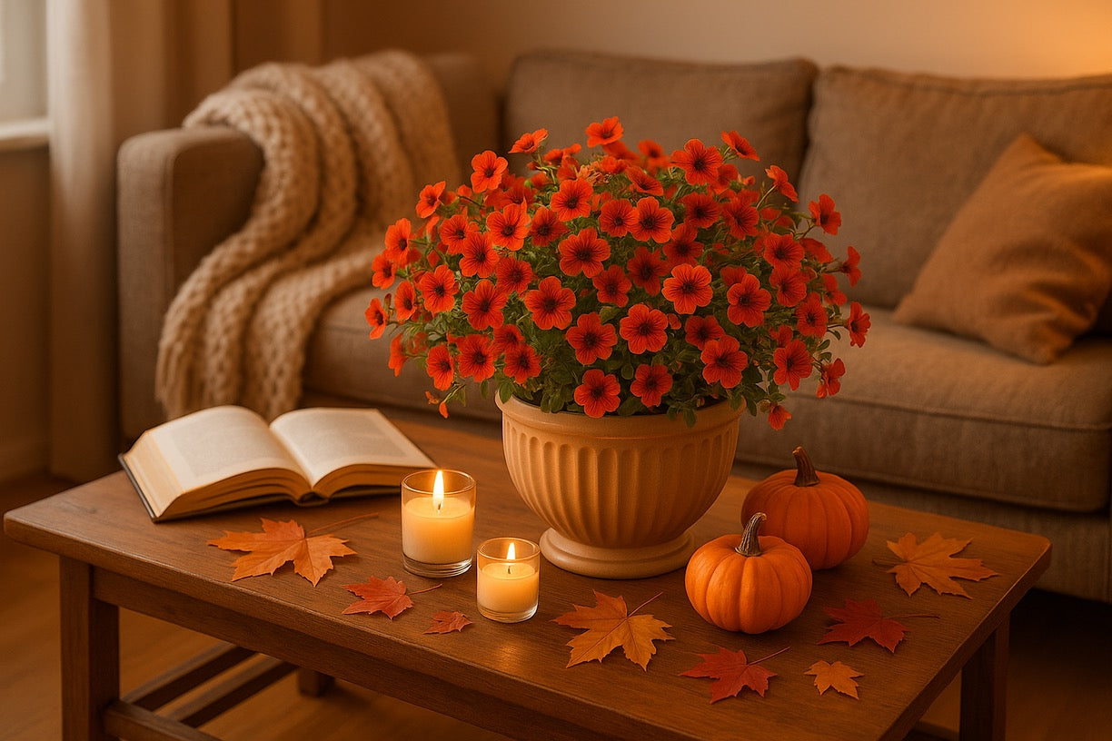 Autumn Floral Arrangement - Orange Calibrachoa in Terracotta Pot | Artificial Fall Decor - Papicha H