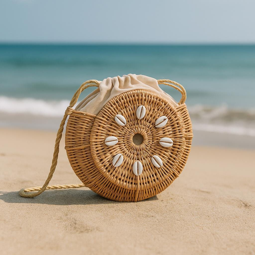 Sac Rotin Naturel Boho Coquillages Femme - Beige | Sac Boho en rotin naturel pour femmes, coquillages cauris - Beige