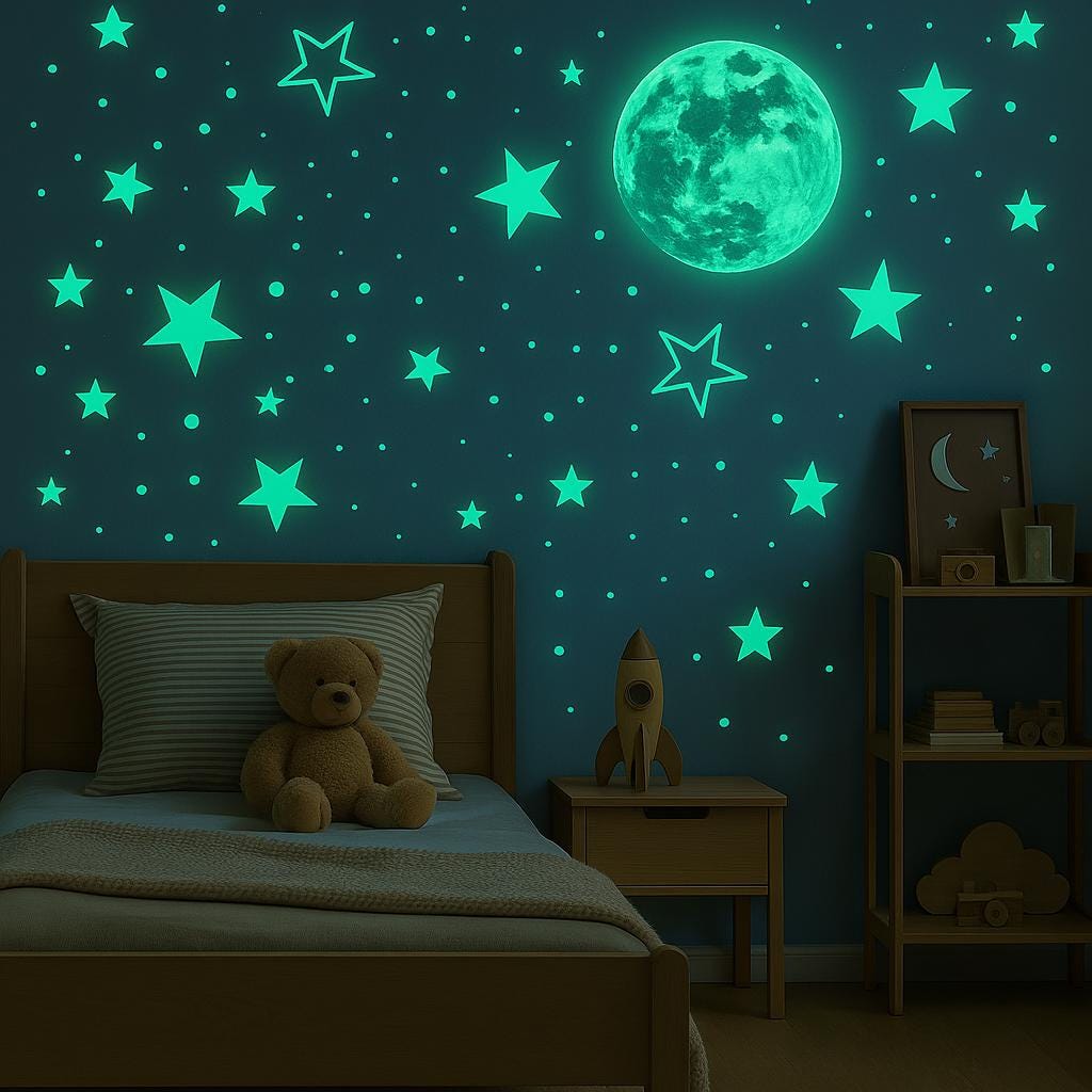 Glow in the Dark Wall Stickers – Stars & Moon for Kids Room | Nursery Night Decor | Soothing Glow Wall Decals