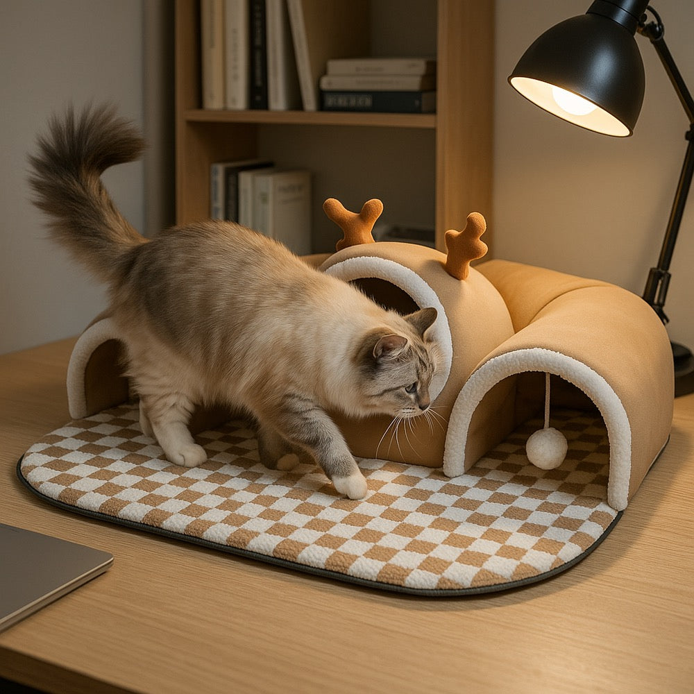Reindeer Cat Tunnel 3-in-1 - Cozy Playhouse Bed Hideout | Cat Play House - Papicha H