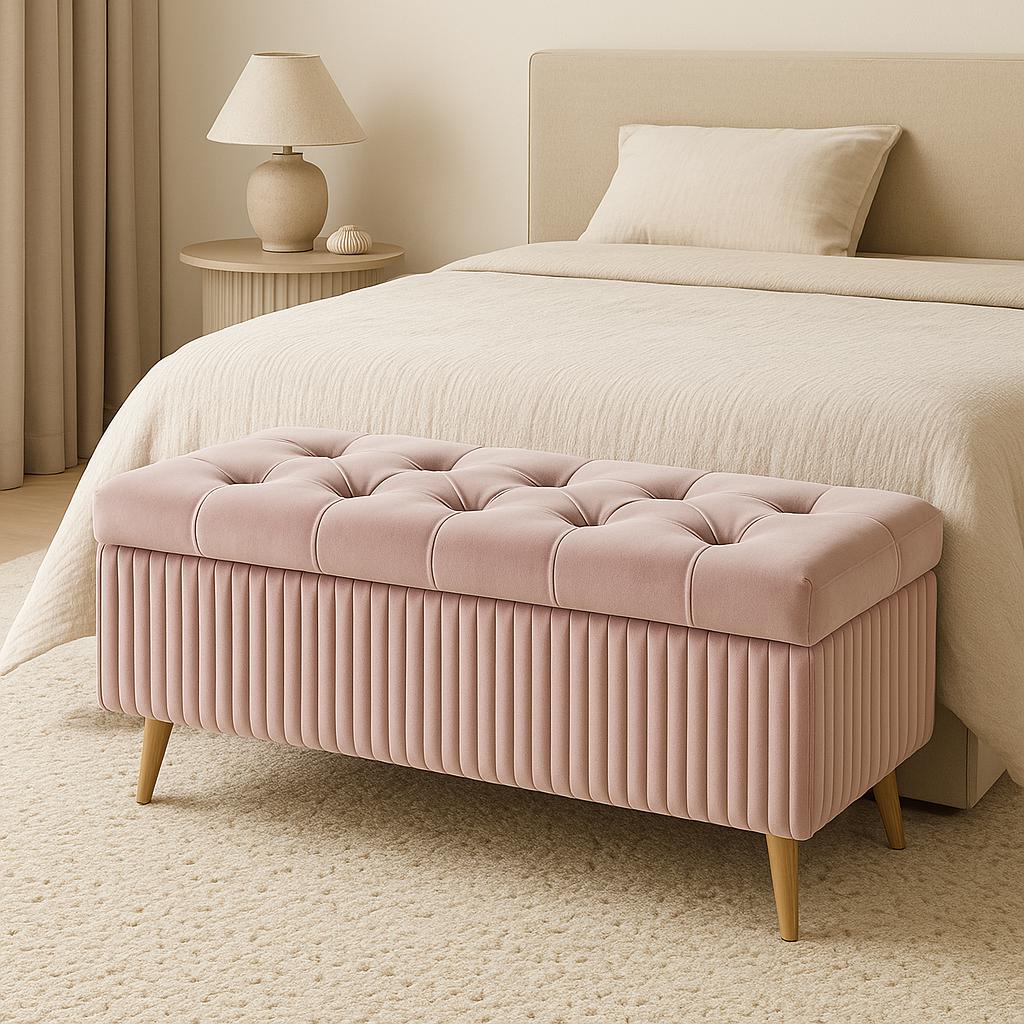 Blush Pink Velvet Padded Bench Seat with Storage | Tufted Ottoman with Wooden Legs, Chic Art Deco Scandinavian Style for Bedroom Living