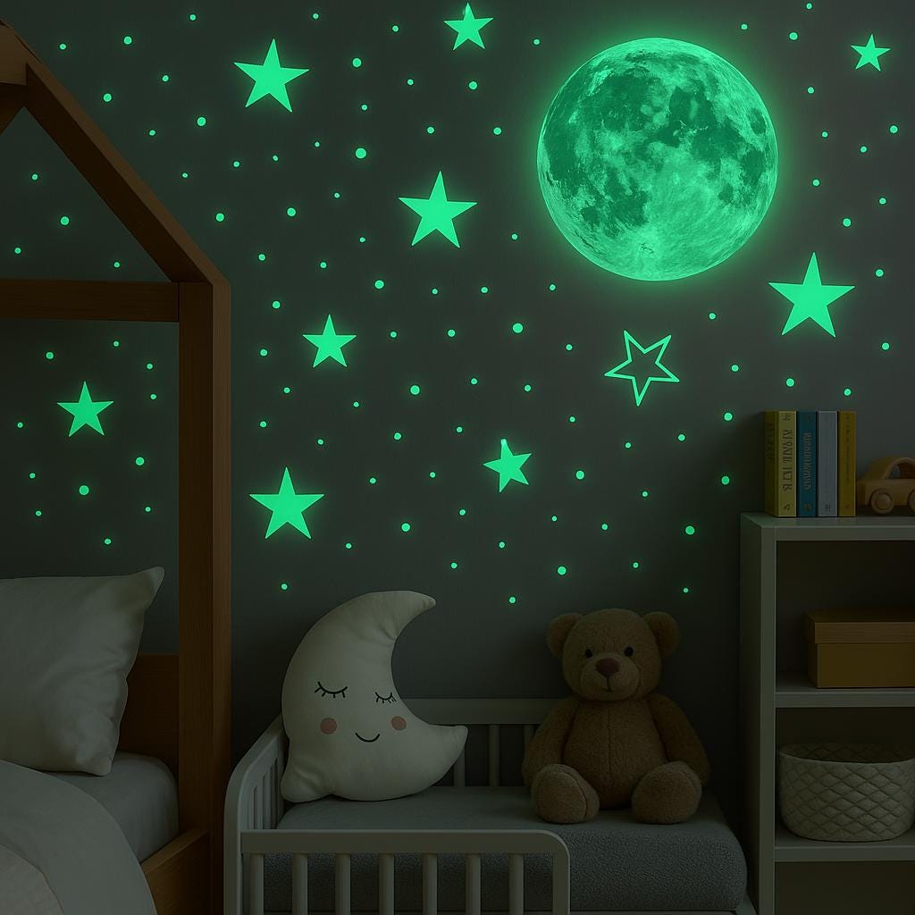 Glow in the Dark Wall Stickers – Stars & Moon for Kids Room | Nursery Night Decor | Soothing Glow Wall Decals