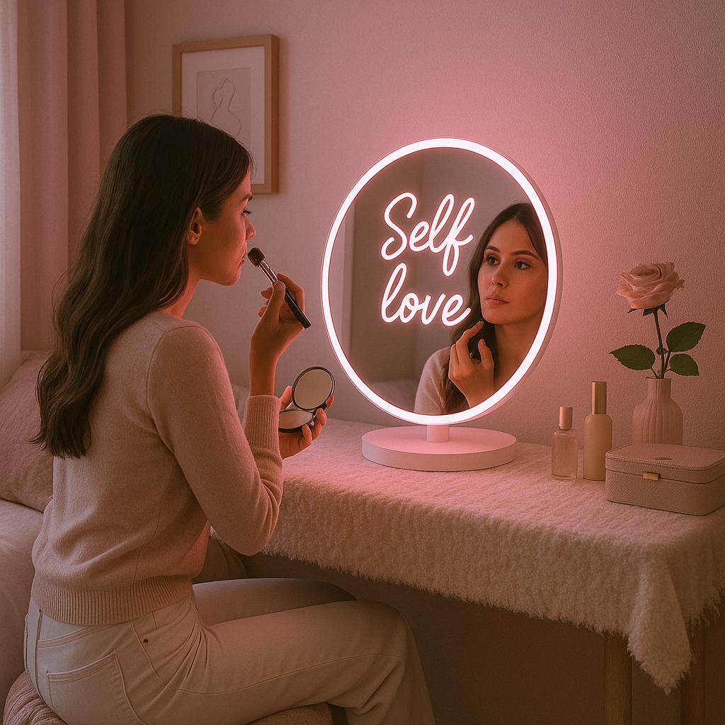 Miroir lumineux, miroir de courtoisie LED personnalisé avec message personnalisable, décoration esthétique et lumineuse, cadeau pour elle, chambre de fille douce, moderne