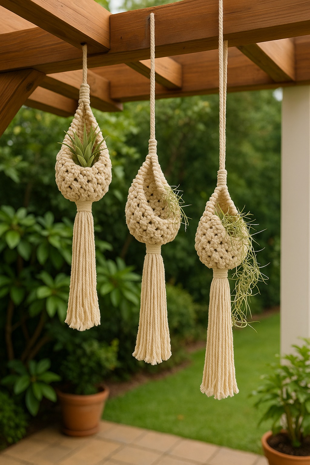 SUSPENSIONS PLANTES MACRAMÉ | Set 3 Coton Naturel | Plant Holders PAPICHA H