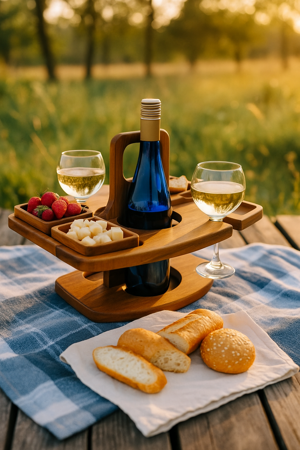 PLATEAU PIQUE-NIQUE BOIS  | Porte-Bouteille & Verres | Wine Picnic Tray