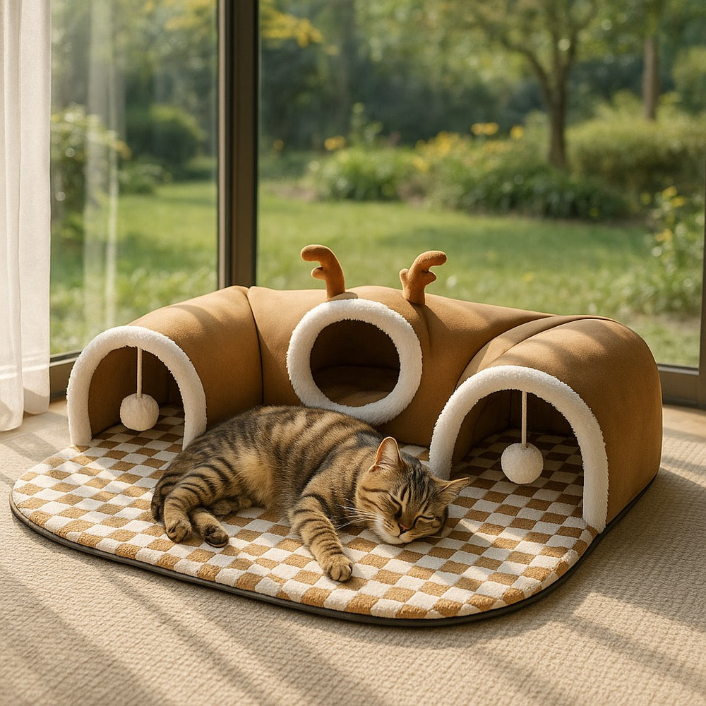 Reindeer Cat Tunnel 3-in-1 - Cozy Playhouse Bed Hideout | Cat Play House - Papicha H