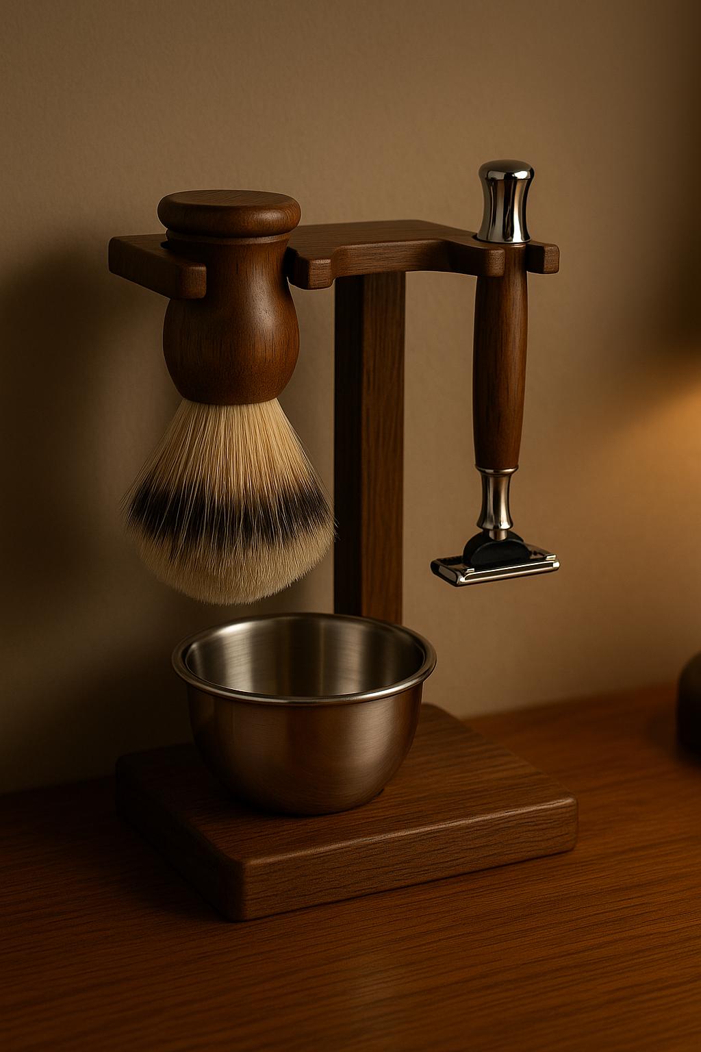 Vintage wooden shaving kit with stand, brush, razor, bowl | Traditional men's grooming set, artisan shave kit, perfect gift for Father’s Day
