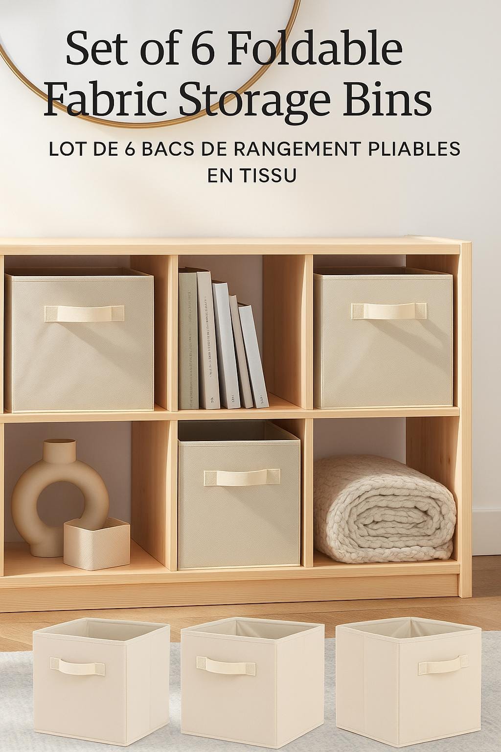 Lot de 6 bacs de rangement pliables en tissu – Organisateurs cubiques minimalistes en lin beige et crème pour étagères 