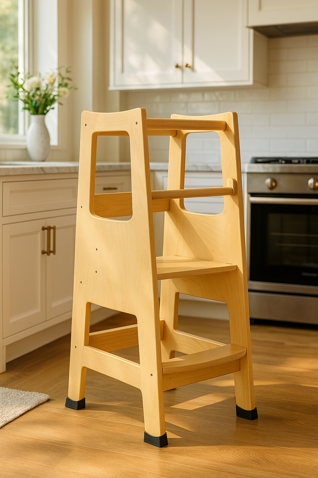 Adjustable Wooden Learning Tower for Toddlers, Kitchen Helper Stool, Ages 18 Months to 6 Years, Natural Wood, Child Safety Tower