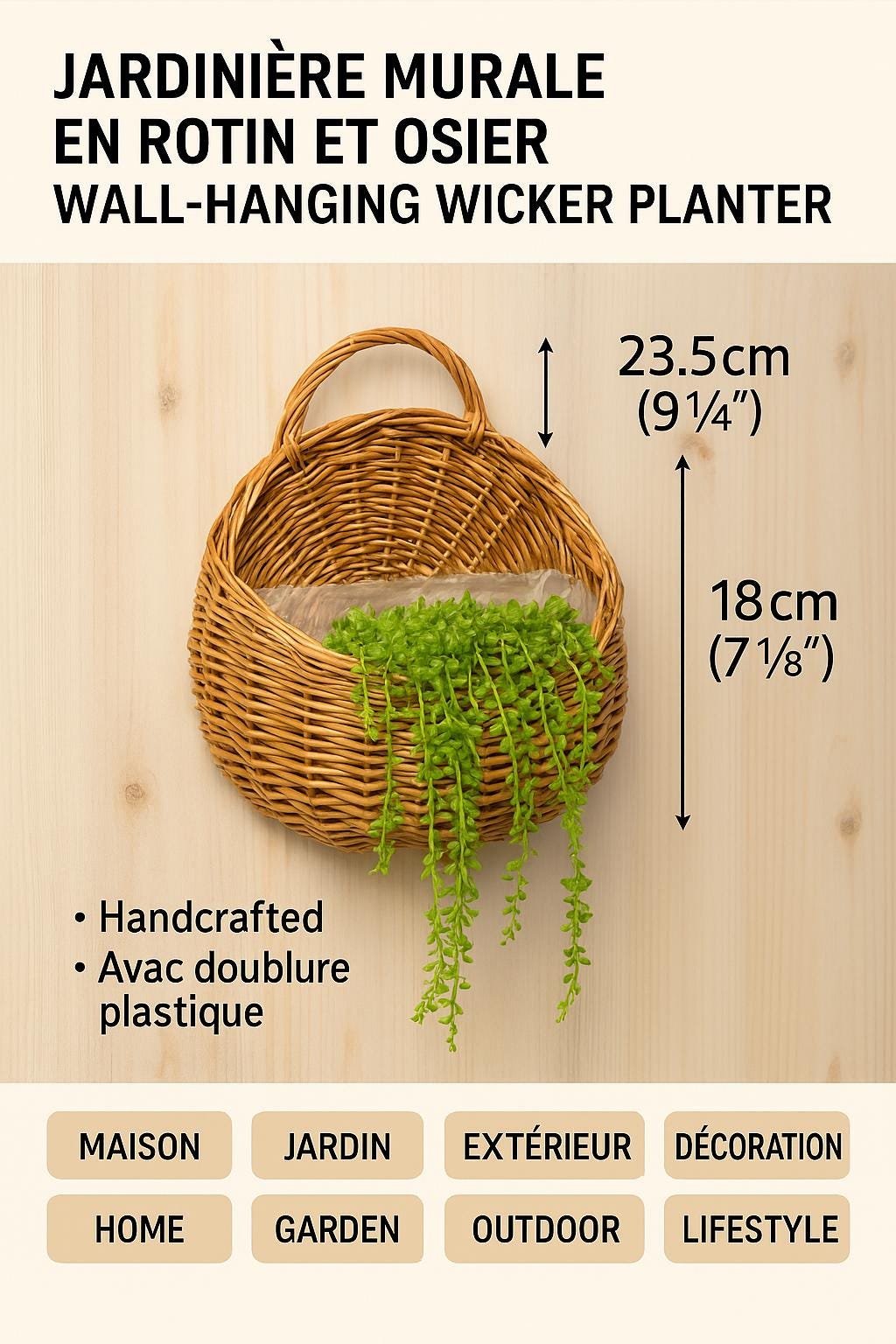 PANIER ROTIN BOHÈME | PANIER EN ROTIN NATUREL - SUPPORT MURAL PLANTES 