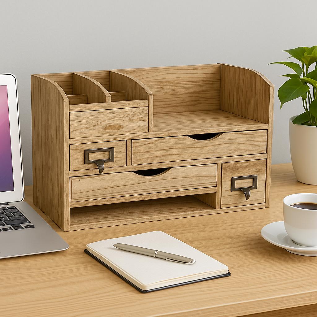 Organisateur Bureau Bambou Naturel 3 Tiroirs - Rangement Desktop 