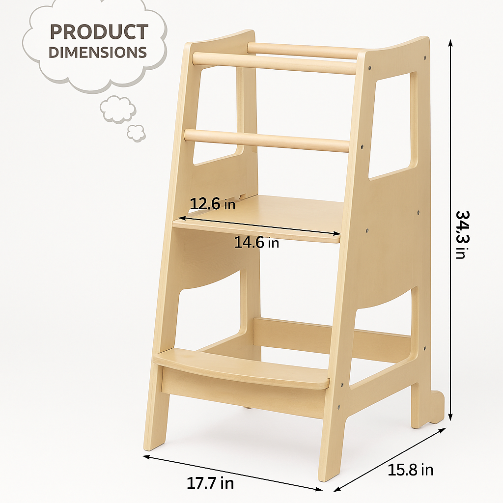 Adjustable Wooden Learning Tower for Toddlers, Kitchen Helper Stool, Ages 18 Months to 6 Years, Natural Wood, Child Safety Tower