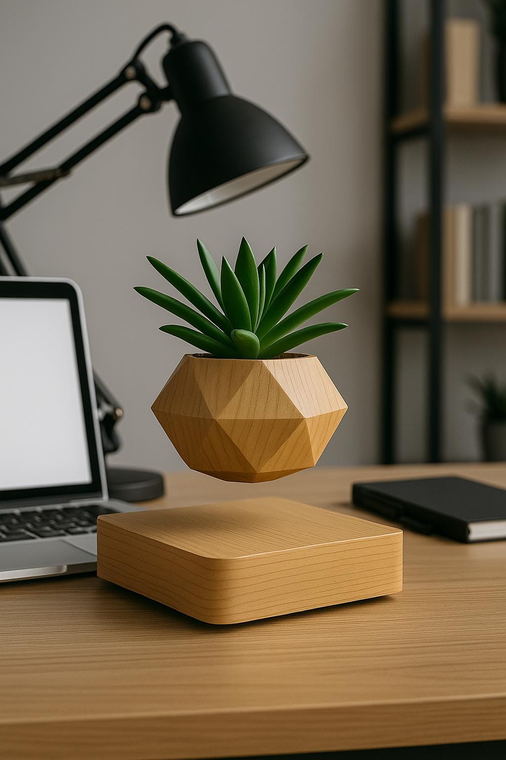Jardinière en bois vert sauge et chêne naturel – Pot de fleurs flottant magnétique en lévitation, décoration de bureau géométrique zen 