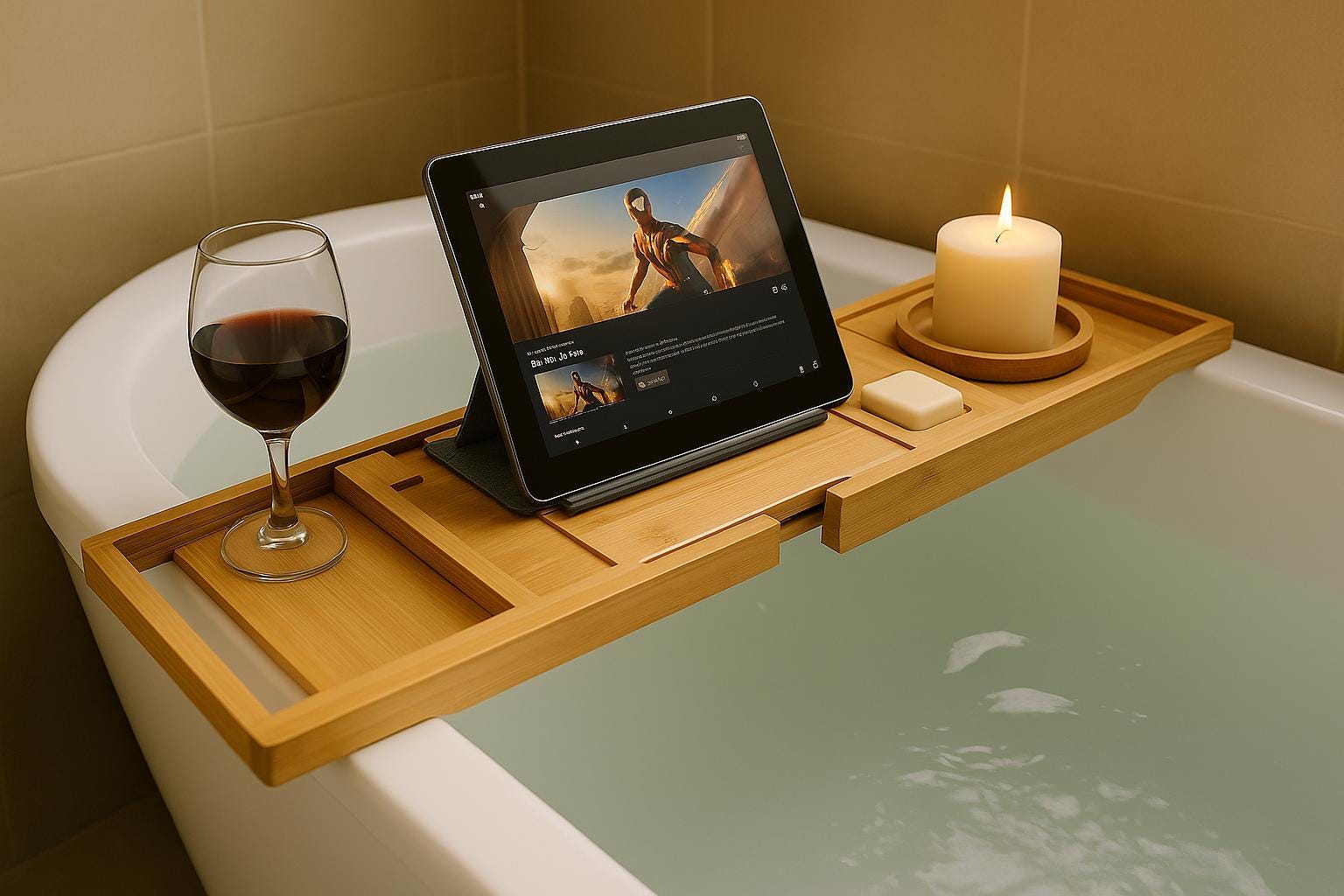 Plateau de baignoire bambou Honey &amp; Sage – Home Spa extensible avec porte-livre, verre à vin, bougie 