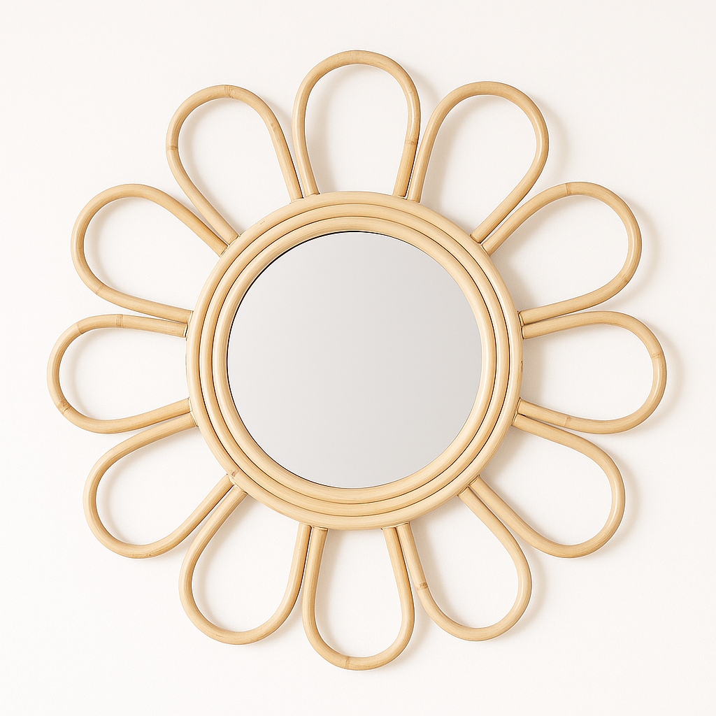 Boho Rattan Wall Mirror – Round Natural Wicker Mirror for Bedroom or Living Room