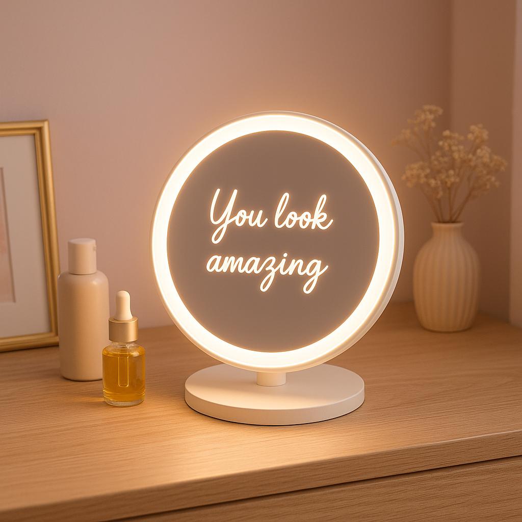 Miroir lumineux, miroir de courtoisie LED personnalisé avec message personnalisable, décoration esthétique et lumineuse, cadeau pour elle, chambre de fille douce, moderne