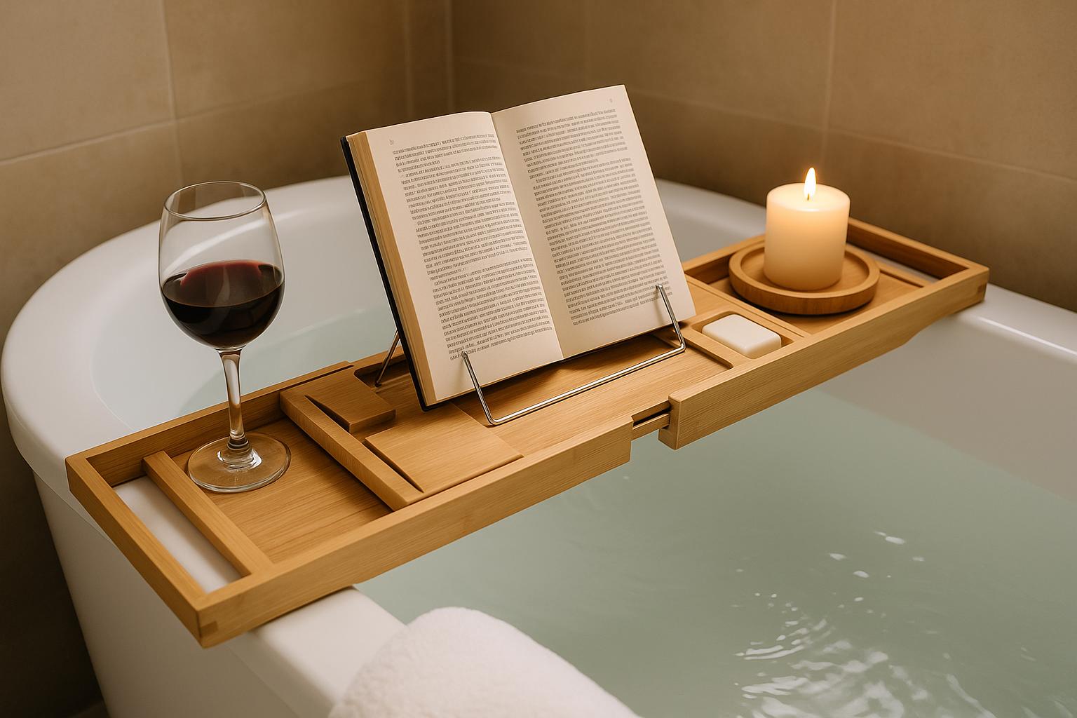 Plateau de baignoire bambou Honey &amp; Sage – Home Spa extensible avec porte-livre, verre à vin, bougie 