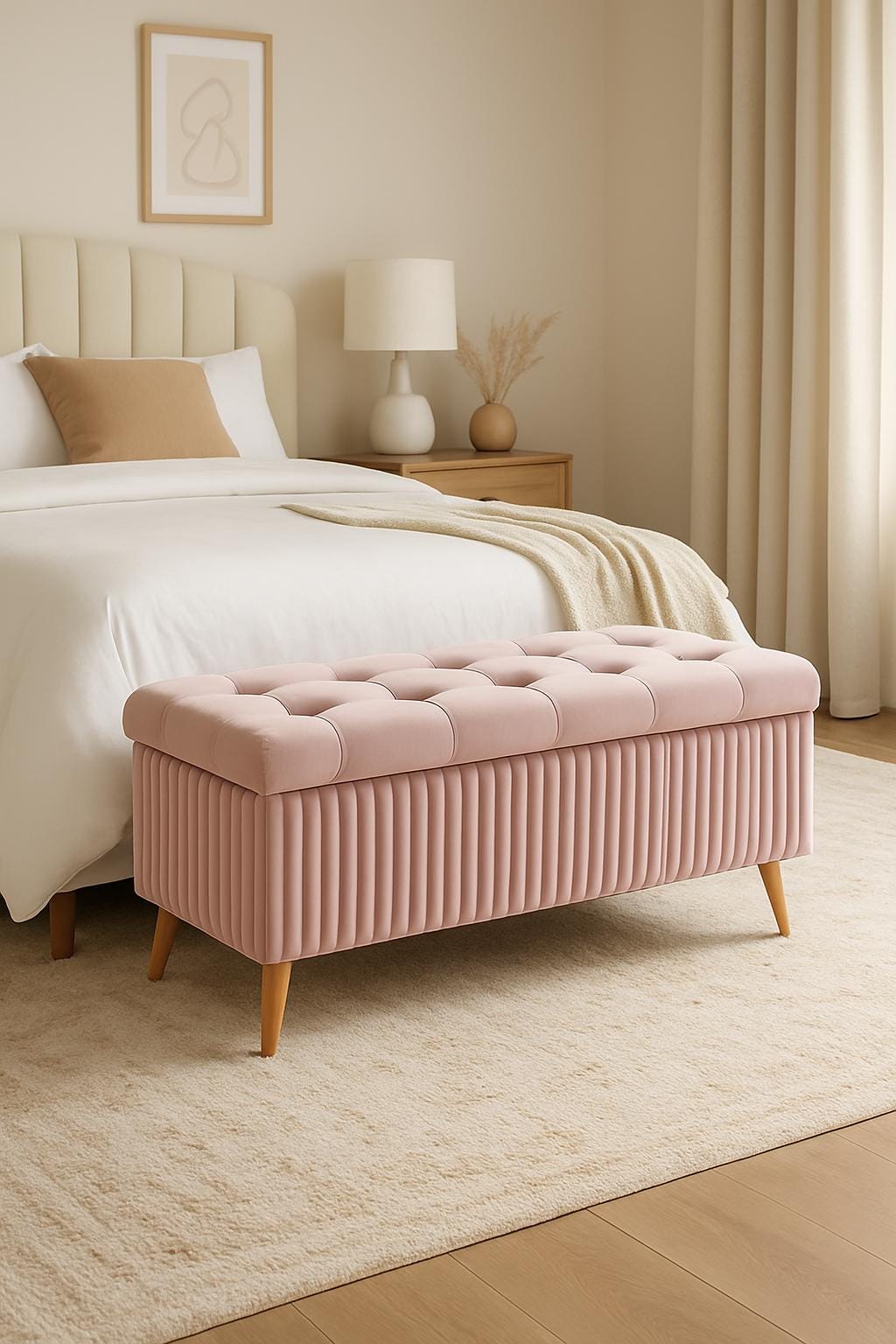 Blush Pink Velvet Padded Bench Seat with Storage | Tufted Ottoman with Wooden Legs, Chic Art Deco Scandinavian Style for Bedroom Living