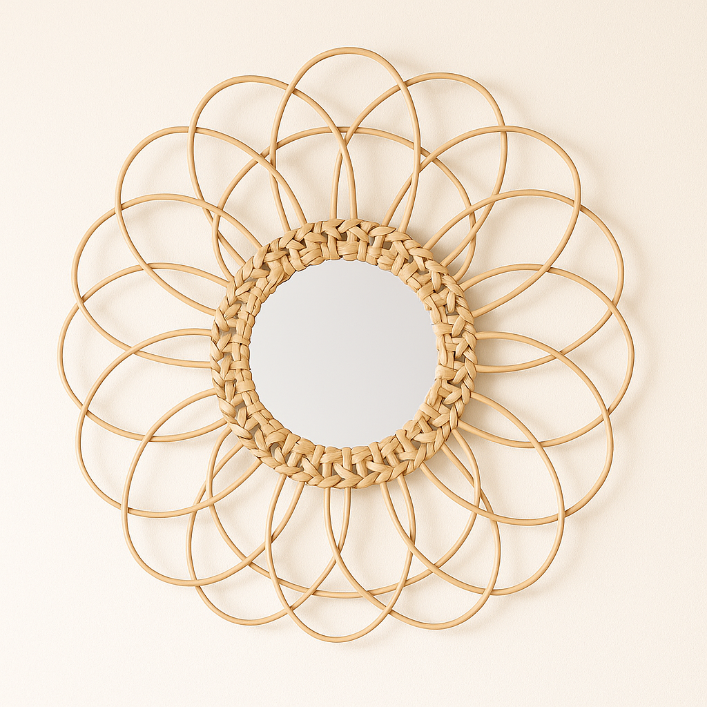 Boho Rattan Wall Mirror – Round Natural Wicker Mirror for Bedroom or Living Room