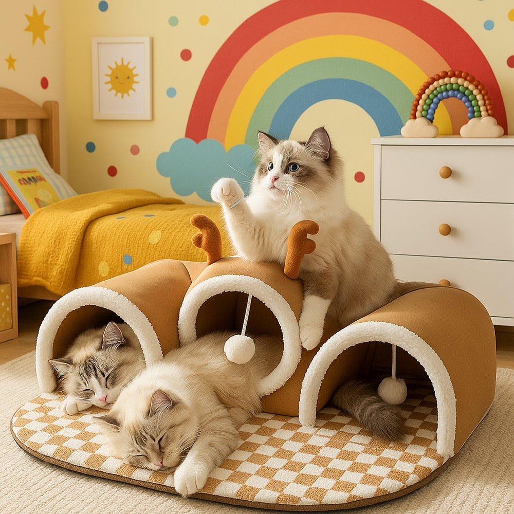 Reindeer Cat Tunnel 3-in-1 - Cozy Playhouse Bed Hideout | Cat Play House - Papicha H