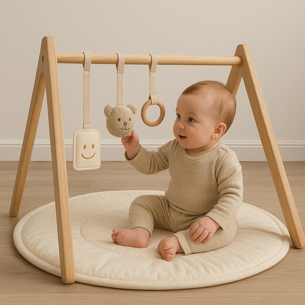 TAPIS ÉVEIL BÉBÉ | Gym Bois Coton Sensoriel | Tapis de jeu pour bébé