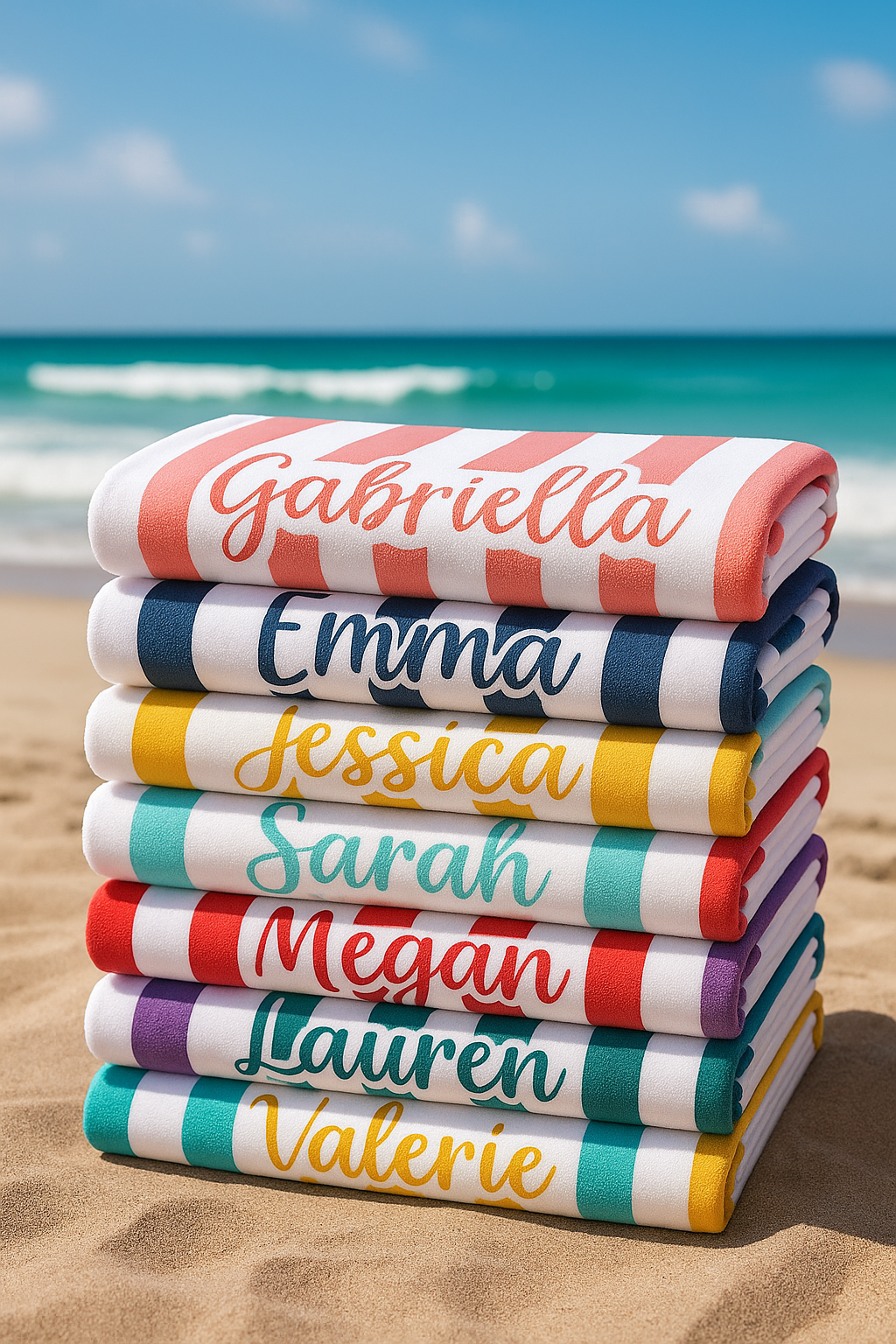 SERVIETTE PLAGE PERSONNALISÉE| RAYURES + PRÉNOM BRODÉ
