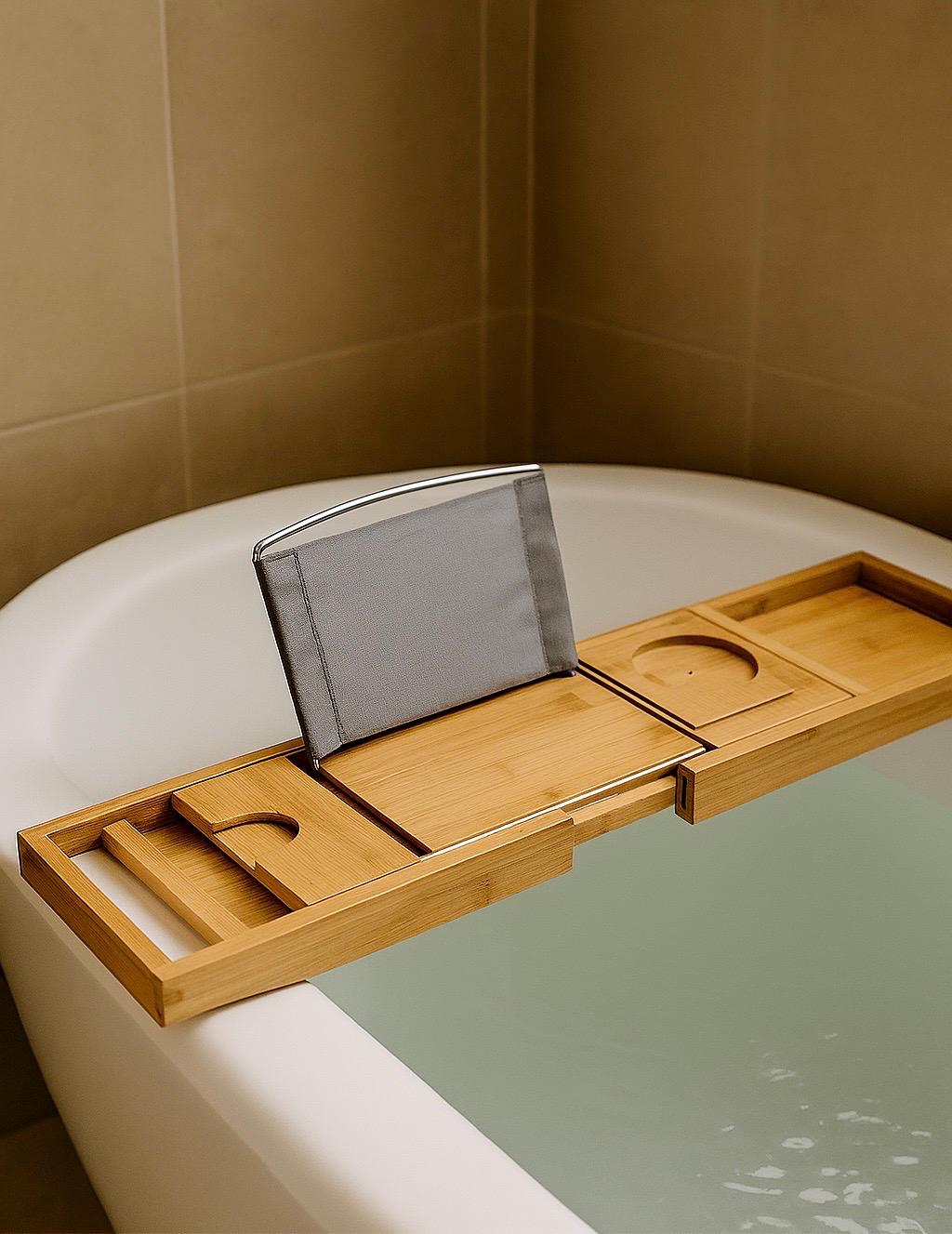 Plateau de baignoire bambou Honey &amp; Sage – Home Spa extensible avec porte-livre, verre à vin, bougie 