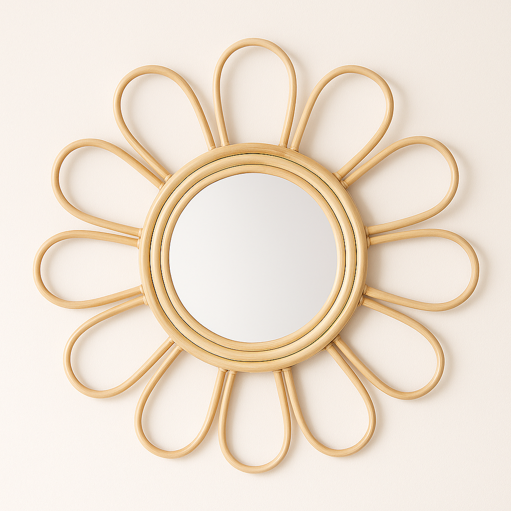 Boho Rattan Wall Mirror – Round Natural Wicker Mirror for Bedroom or Living Room