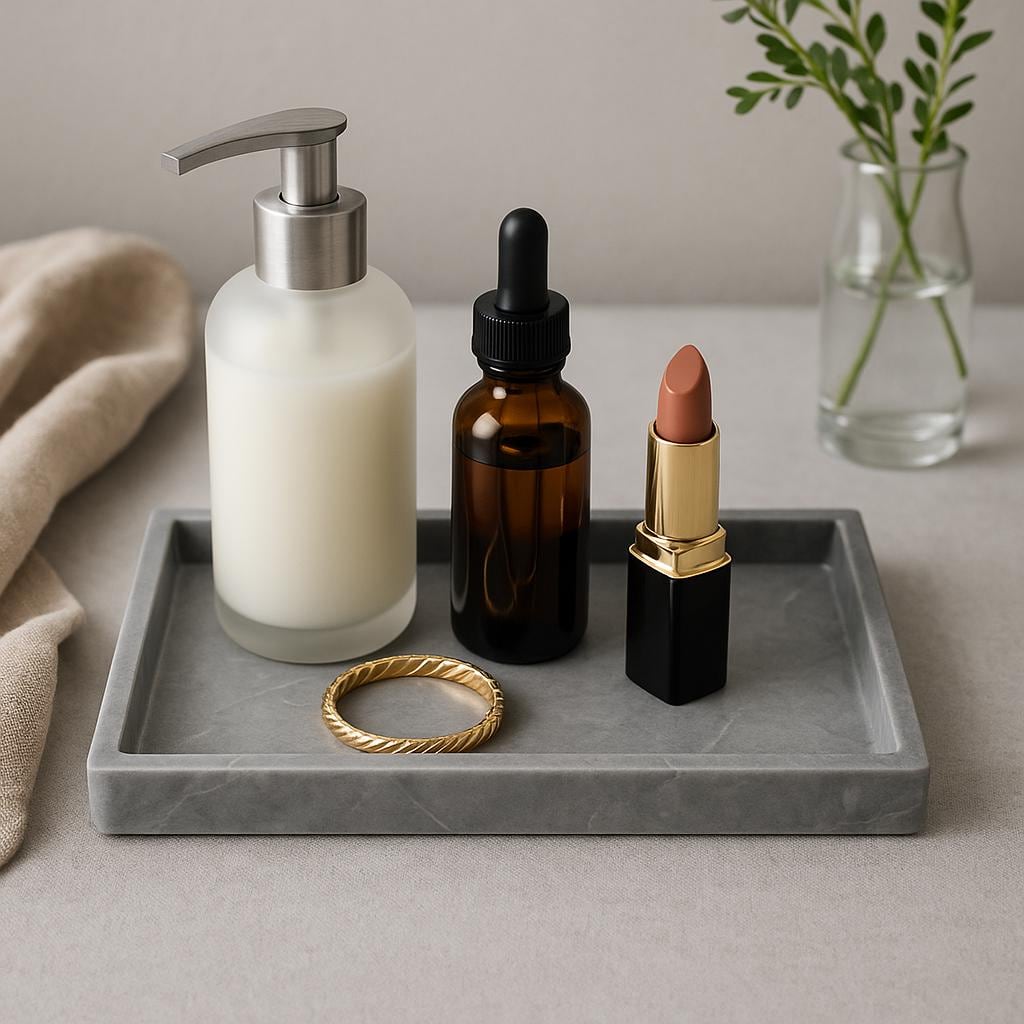 Marble Resin Tray, Modern Vanity Organizer for Jewelry, Candles, Skincare, Home Decor, Minimalist Black Gray Slate Gift for Her