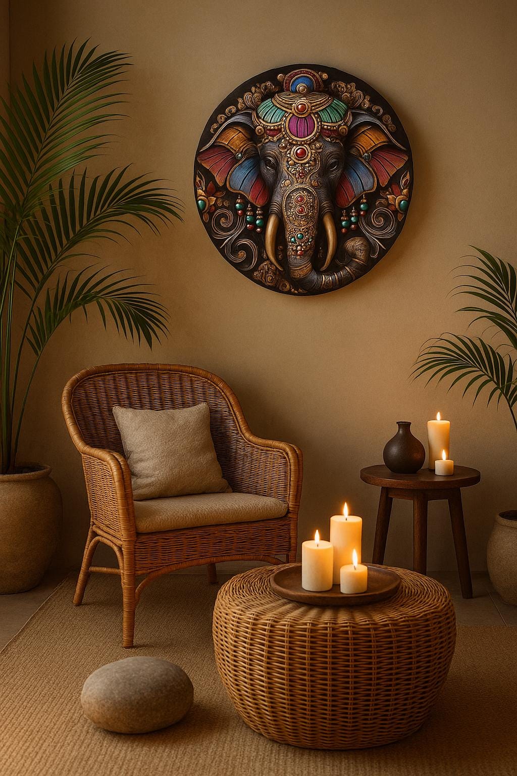 Yoga poster, colorful Ganesha wall art, spiritual elephant decor, ethnic zen vibe, meditative home accent, boho sacred art print