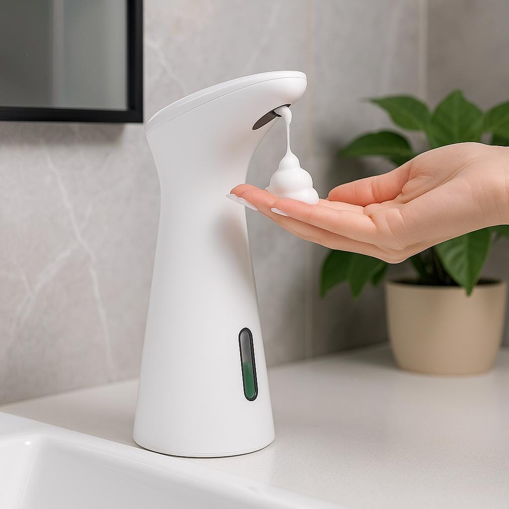 Distributeur de savon mousse blanc perle et chrome – Pompe à capteur sans contact 200 ml pour liquide et mousse, désinfectant automatique pour les mains 
