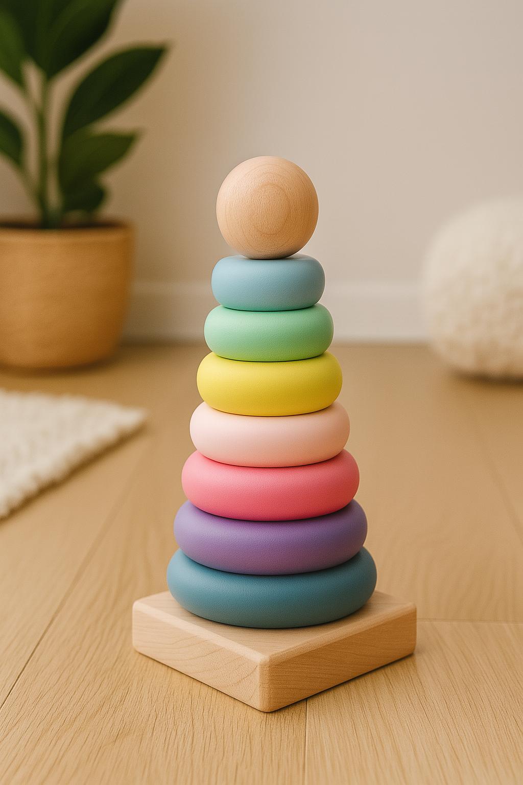 Jouet empilable en bois pastel pour bébé | Cadeau pour bébé | Jouet d'éveil | Anneaux empilables en bois naturel pour tout-petits et reconnaissance des couleurs