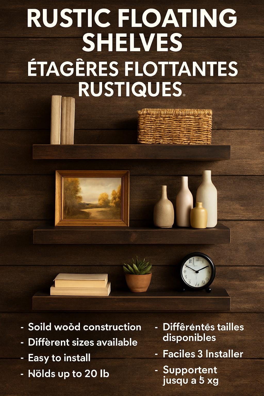 ÉTAGÈRE FLOTTANTE BOIS| Support Invisible Rustique | Floating Shelf PAPICHA H