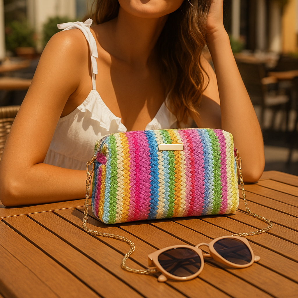 Sac Rotin Boho Arc-en-ciel - Crochet Multicolore | Rainbow Rattan Boho Bag - Multicolor Crochet