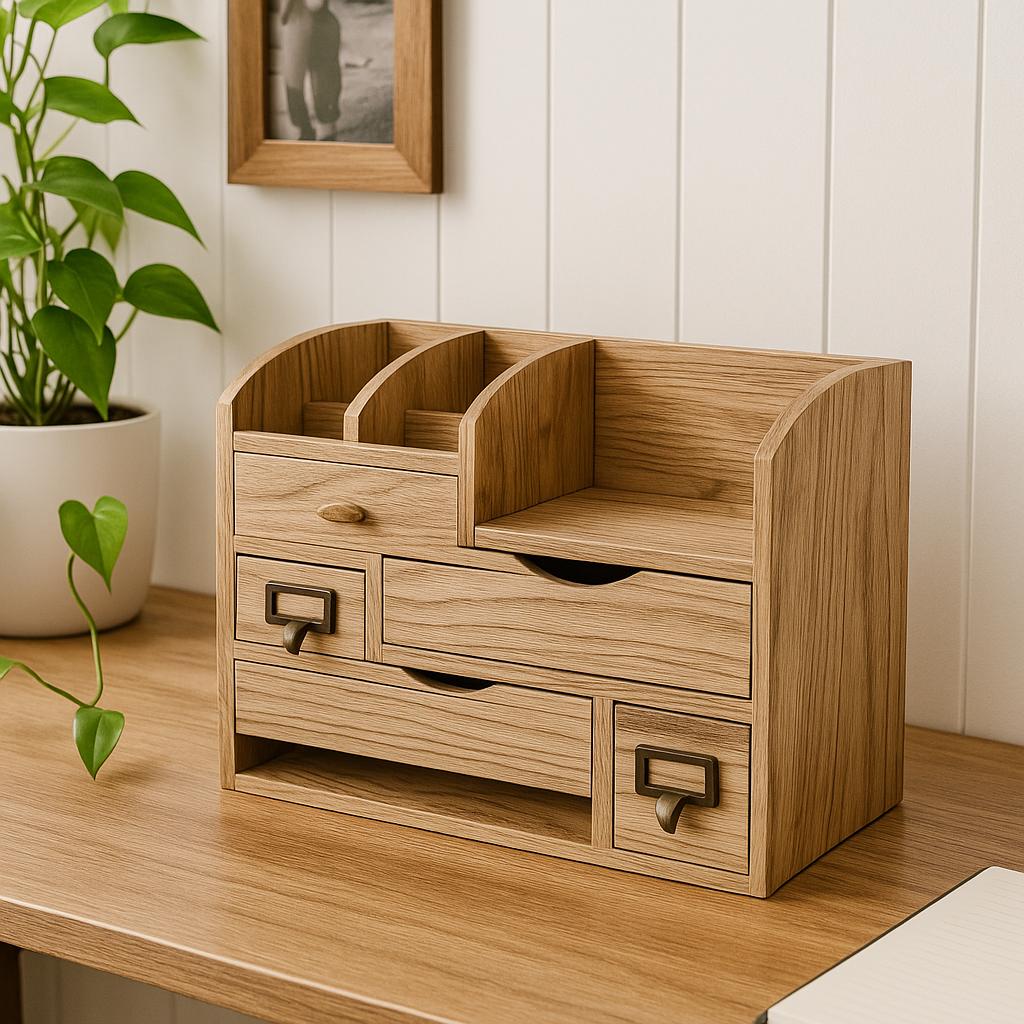 Organisateur Bureau Bambou Naturel 3 Tiroirs - Rangement Desktop 