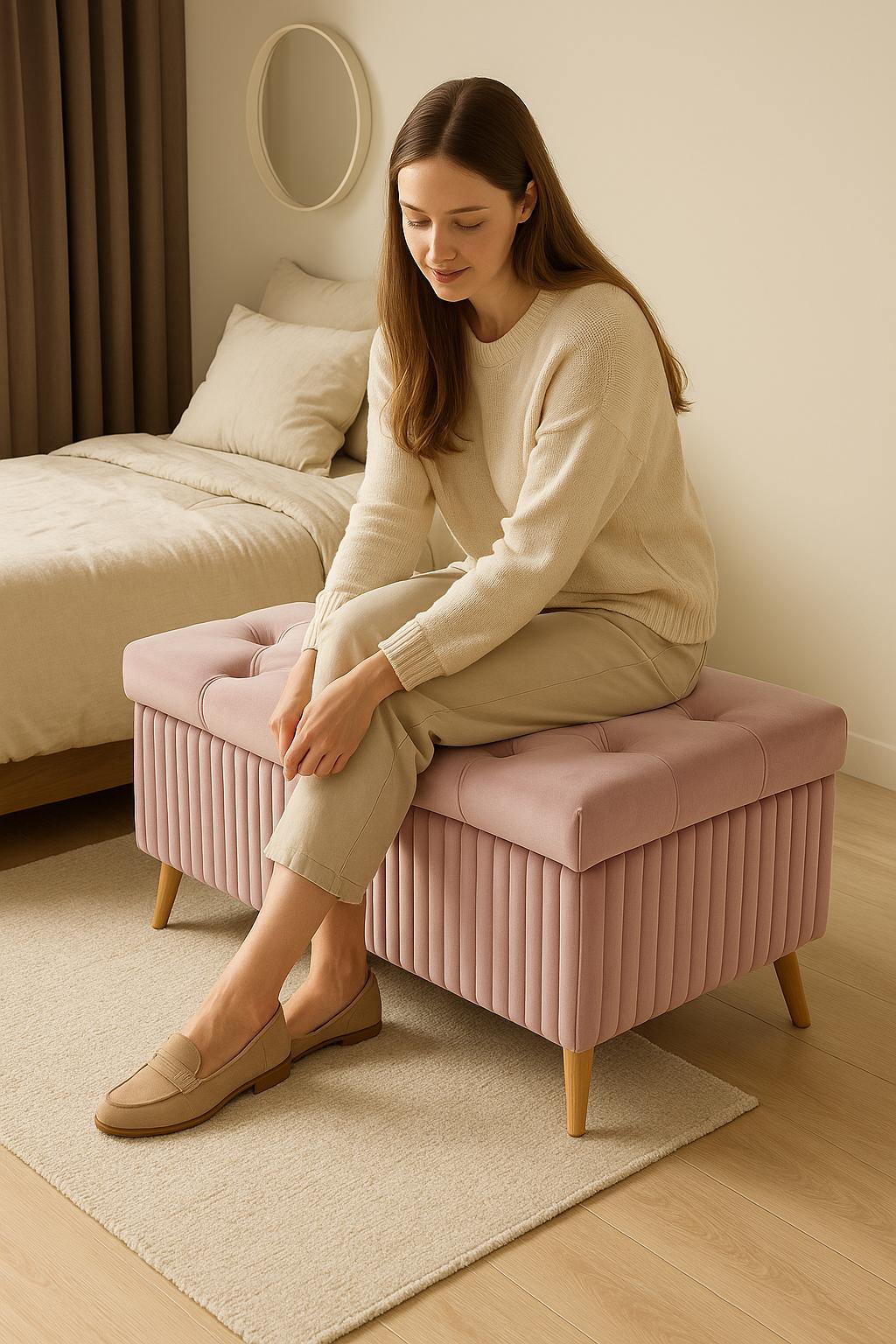 Blush Pink Velvet Padded Bench Seat with Storage | Tufted Ottoman with Wooden Legs, Chic Art Deco Scandinavian Style for Bedroom Living