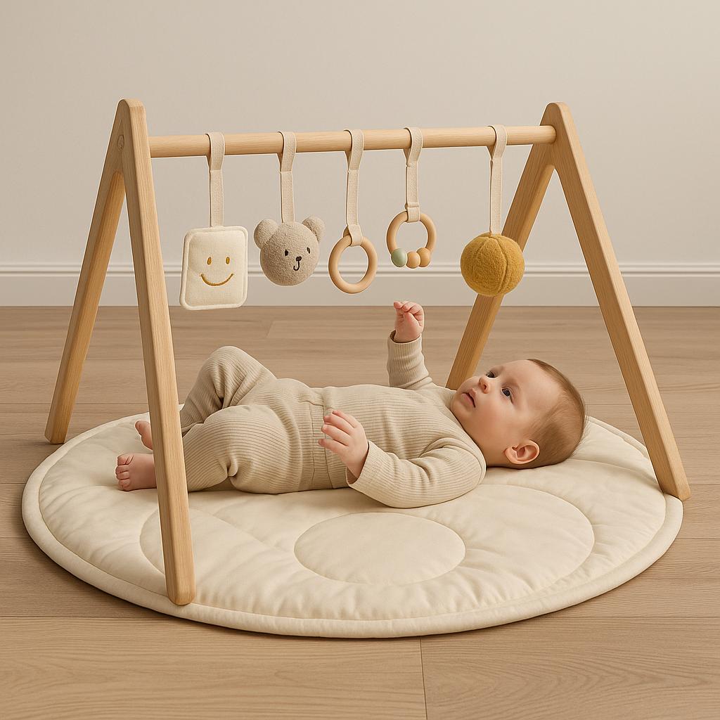 TAPIS ÉVEIL BÉBÉ | Gym Bois Coton Sensoriel | Tapis de jeu pour bébé