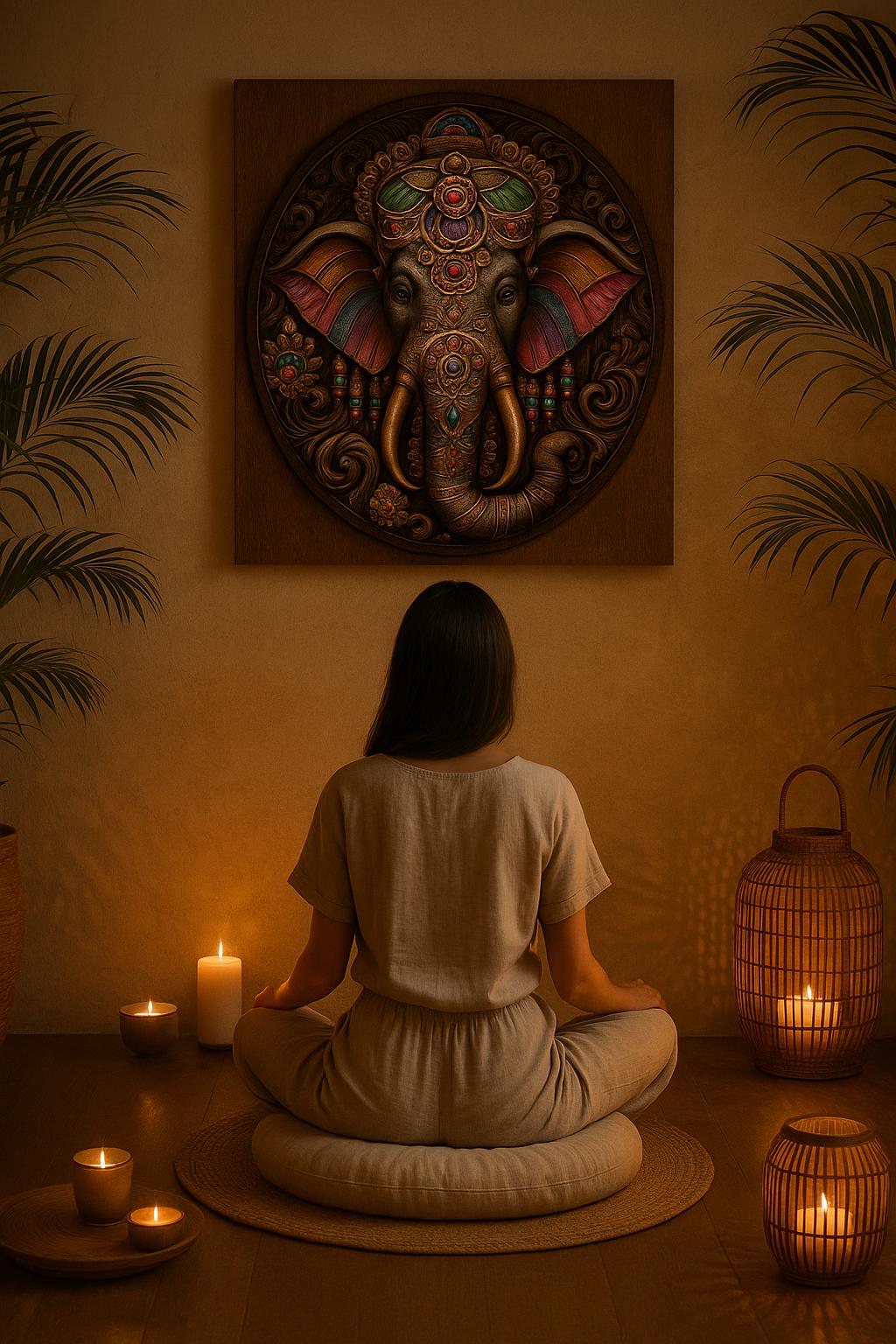Yoga poster, colorful Ganesha wall art, spiritual elephant decor, ethnic zen vibe, meditative home accent, boho sacred art print