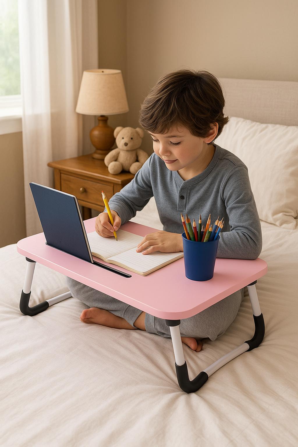 Bureau pliable rose et bleu pour enfants – Table multifonction portable pour les devoirs, la lecture et le dessin 