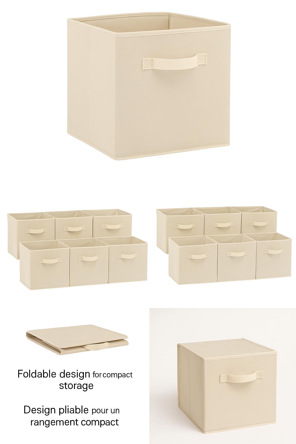 Lot de 6 bacs de rangement pliables en tissu – Organisateurs cubiques minimalistes en lin beige et crème pour étagères 
