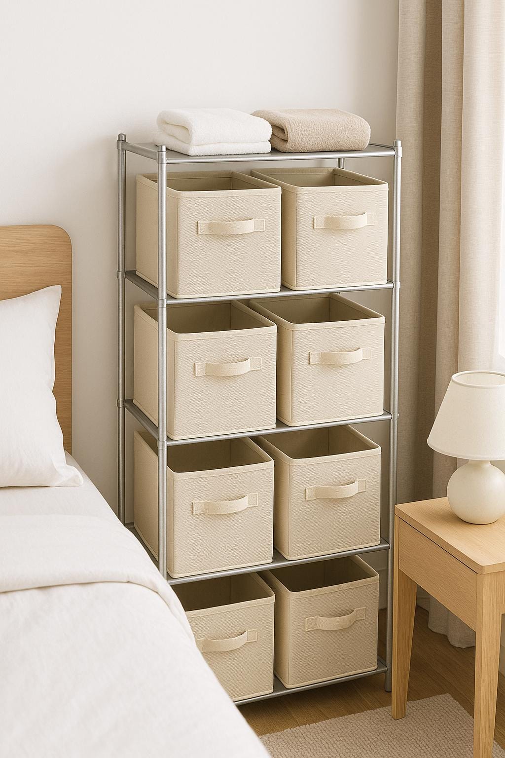Lot de 6 bacs de rangement pliables en tissu – Organisateurs cubiques minimalistes en lin beige et crème pour étagères 