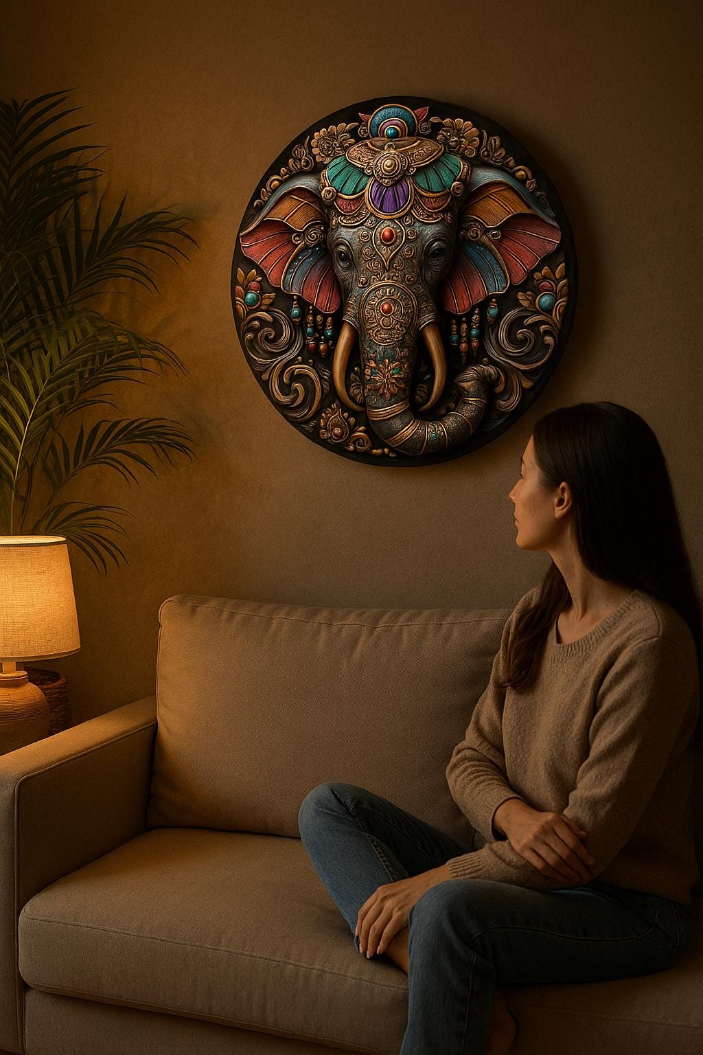 Yoga poster, colorful Ganesha wall art, spiritual elephant decor, ethnic zen vibe, meditative home accent, boho sacred art print