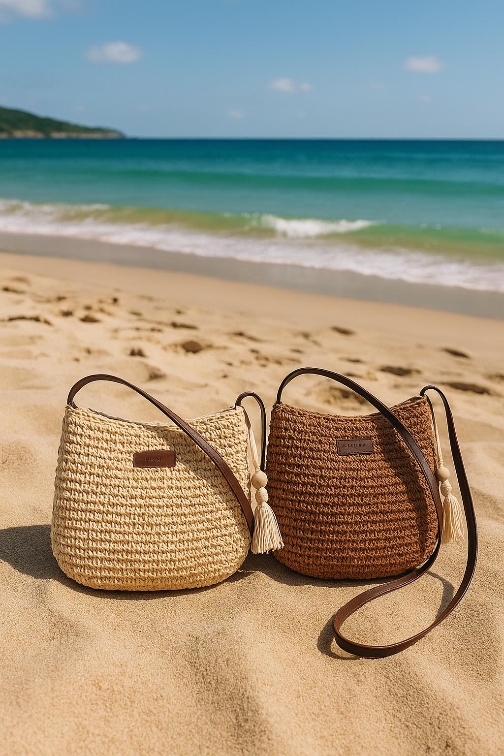 Sac de plage marron caramel et sable – Sac bandoulière en raphia tressé pour femme été 