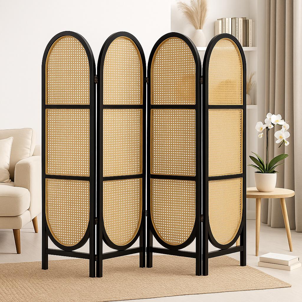 PARAVENT ROTIN LUXE  | 4 Panneaux Noir | PAPICHA H Room Divider