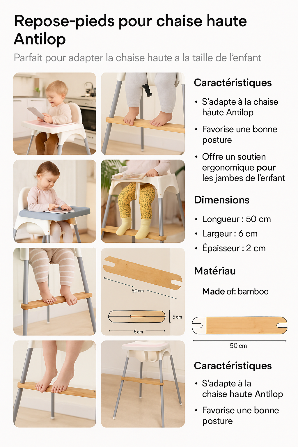 REPOSE-PIEDS BAMBOU CHAISE HAUTE | Confort Ergonomique Bébé | Footrest PAPICHA H