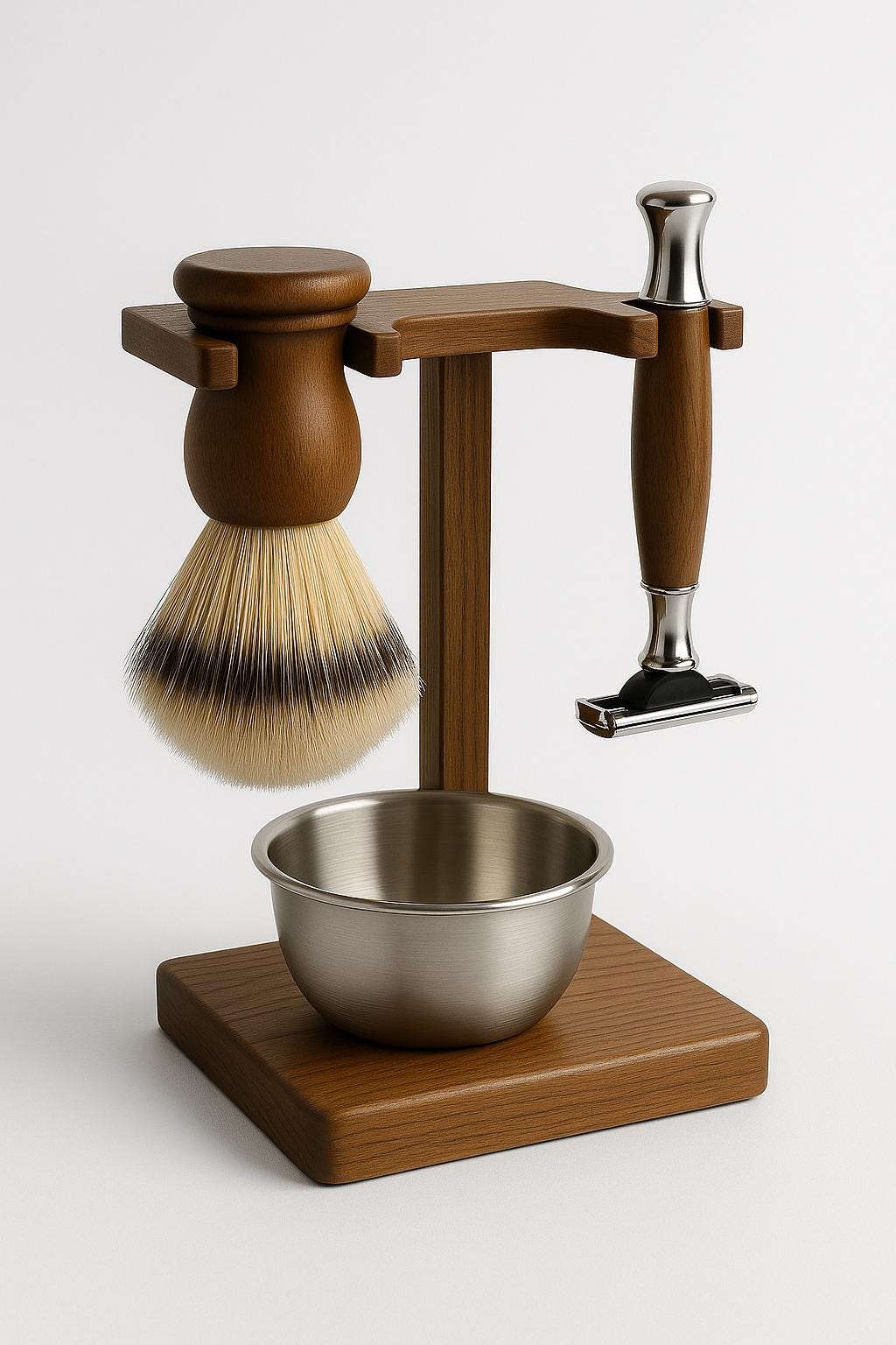 Vintage wooden shaving kit with stand, brush, razor, bowl | Traditional men's grooming set, artisan shave kit, perfect gift for Father’s Day