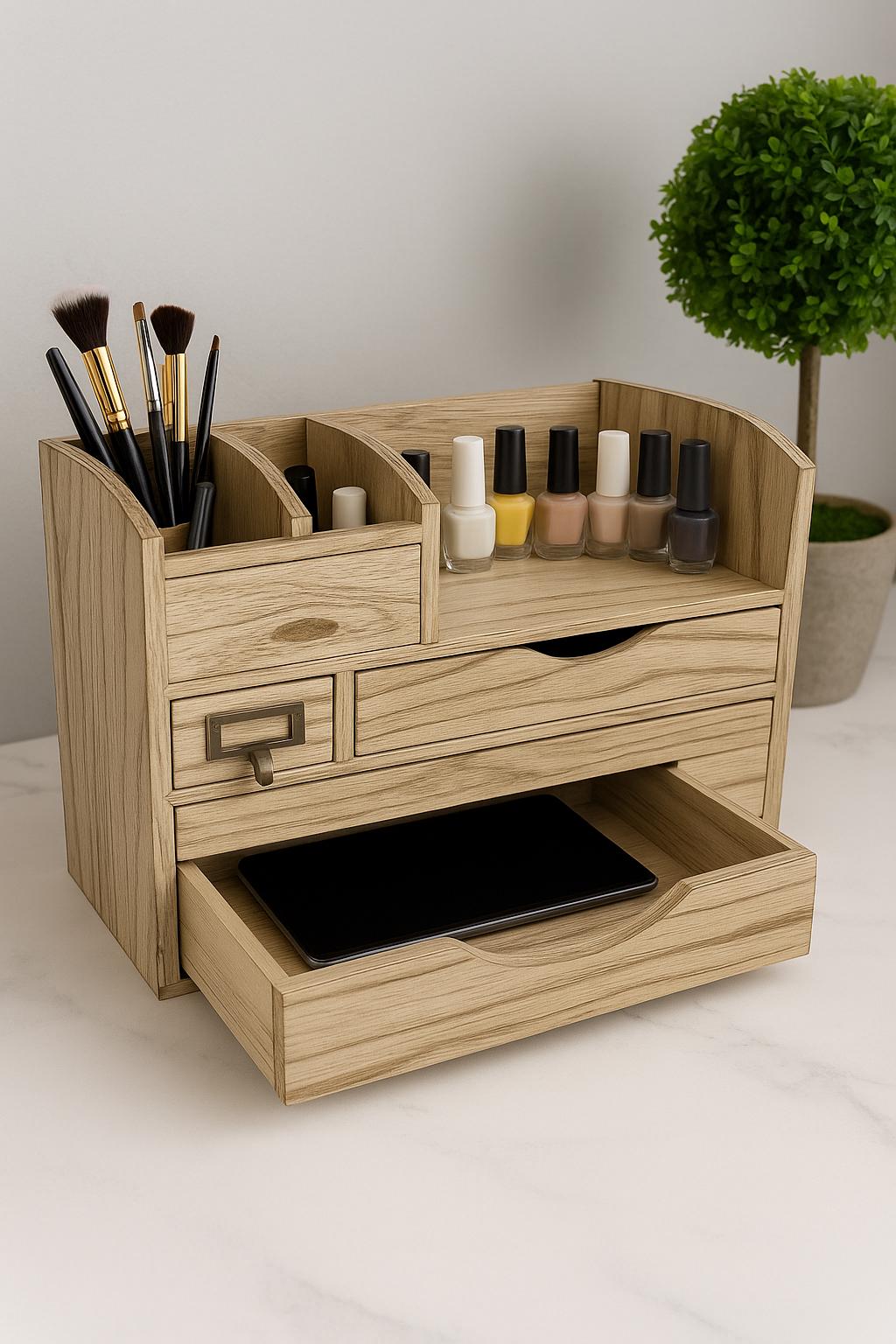 Organisateur Bureau Bambou Naturel 3 Tiroirs - Rangement Desktop 