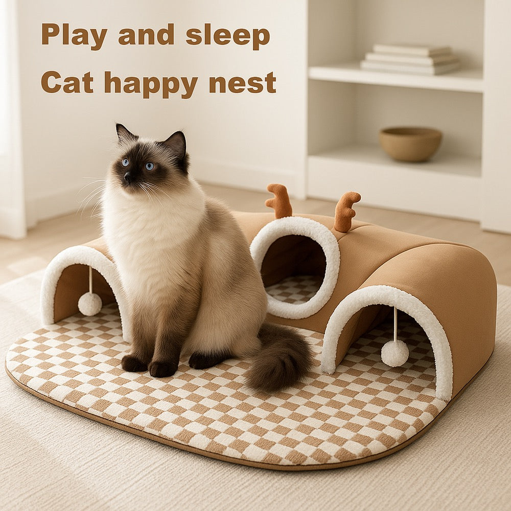 Reindeer Cat Tunnel 3-in-1 - Cozy Playhouse Bed Hideout | Cat Play House - Papicha H
